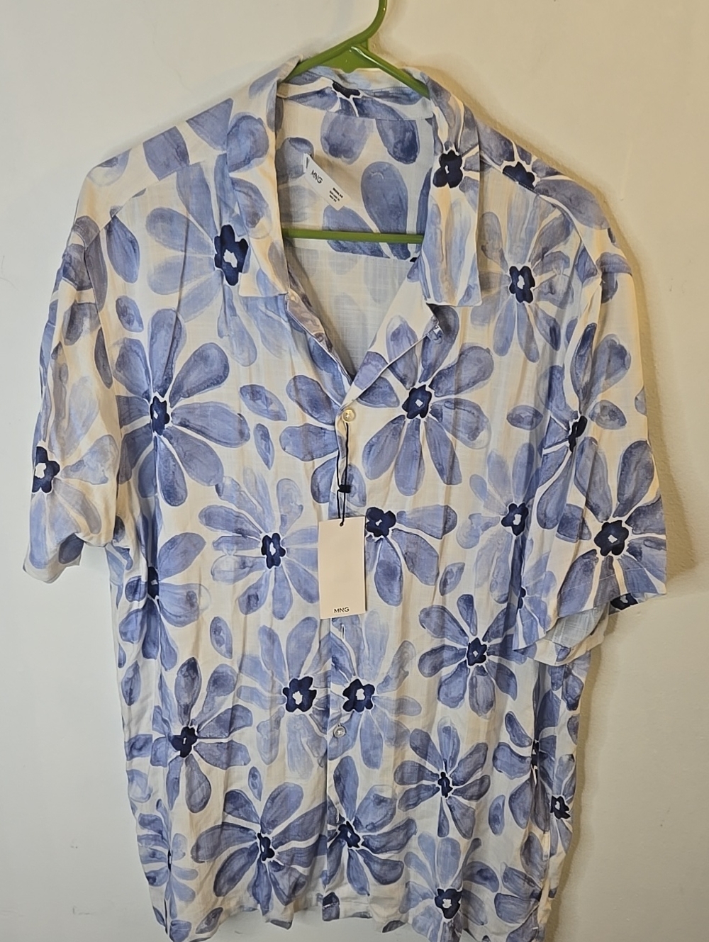Mng Short-Sleeve Floral Button-Down Shirt - Blue & White